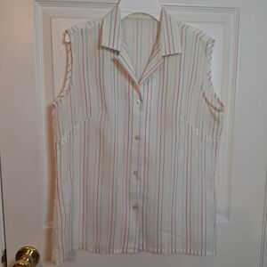 Vintage 80s White Rainbow Striped Sleeveless Button Up Shirt Retro Beach Size L